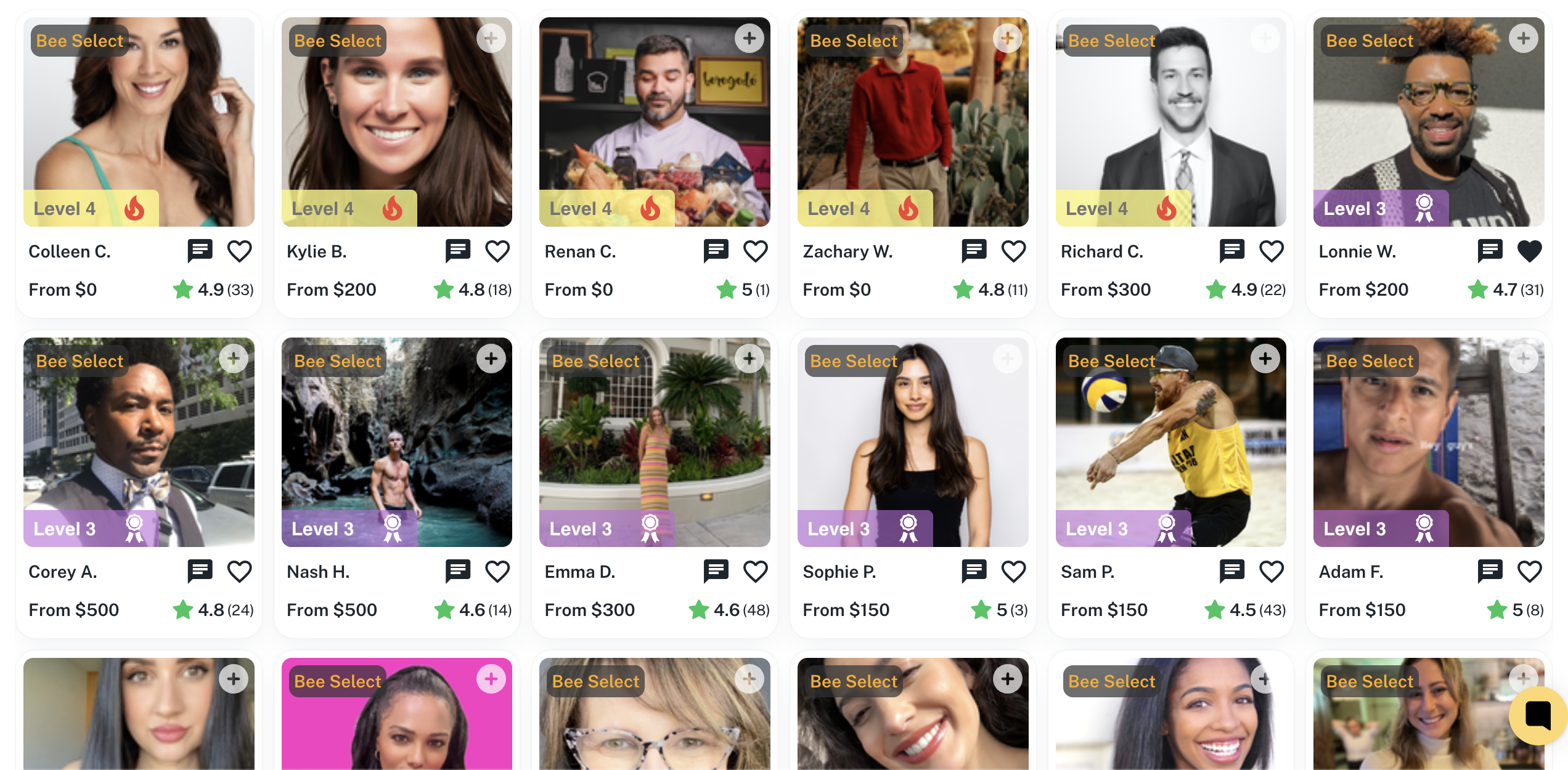 BeeRoll creator marketplace showing diverse creators with ratings and pricing