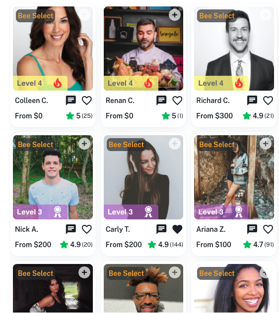 Creator marketplace showing vetted creators with ratings and pricing